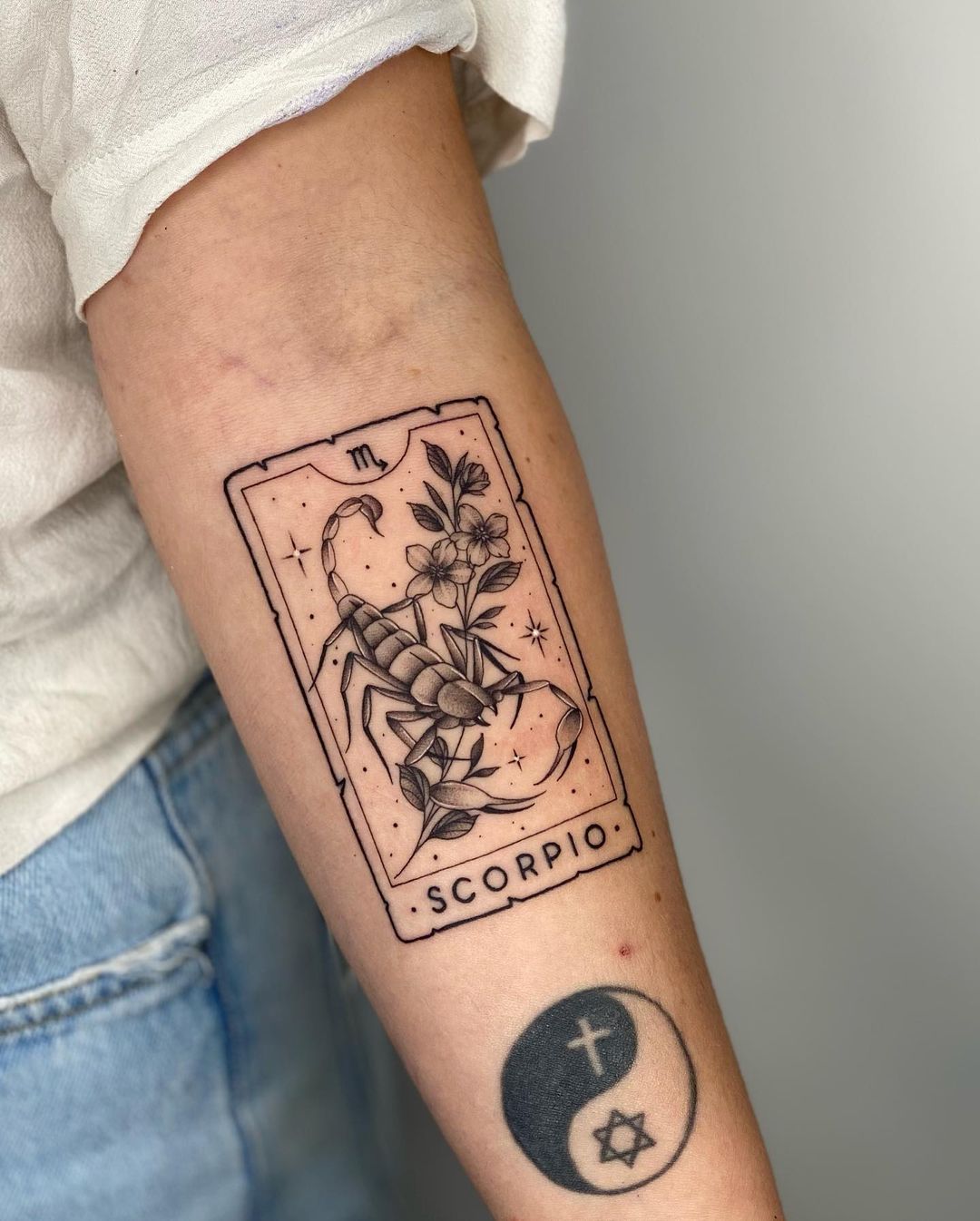 Artistic Scorpio Tarot Card Forearm Tattoo