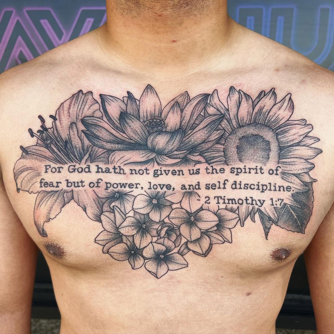 Bible Verse Chest Tattoo With Florals