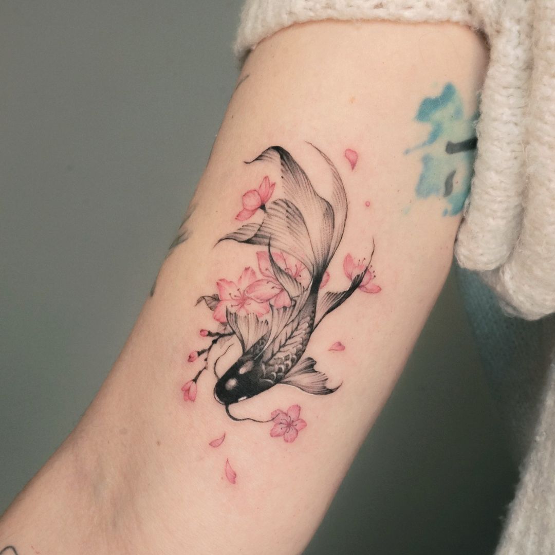 Cherry Blossom And Koi Fish Arm Tattoo