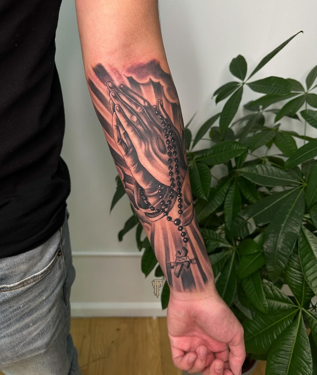 Forearm Praying Hands With Rosary Tattoo