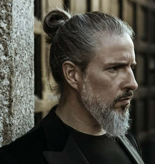 man bun grey hair