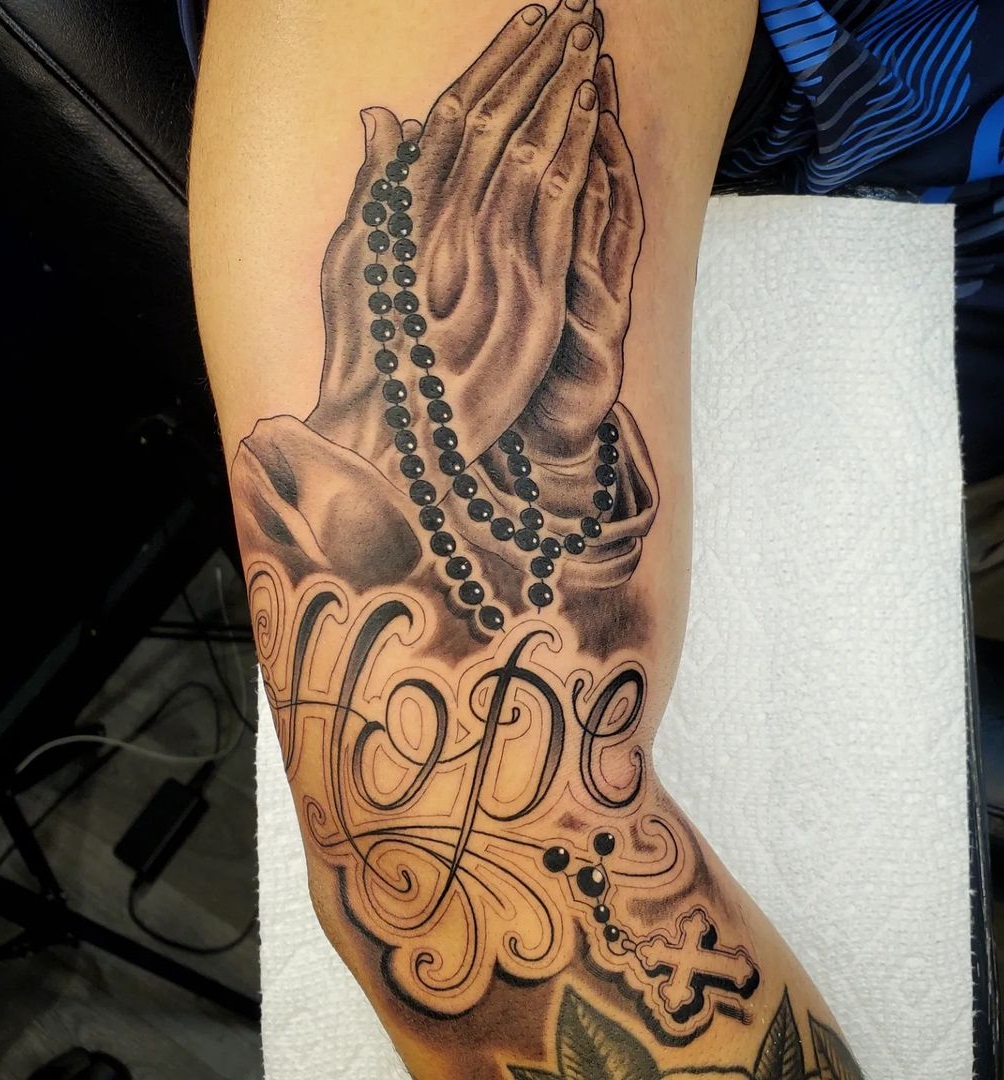Hope Script And Praying Hands Tattoo