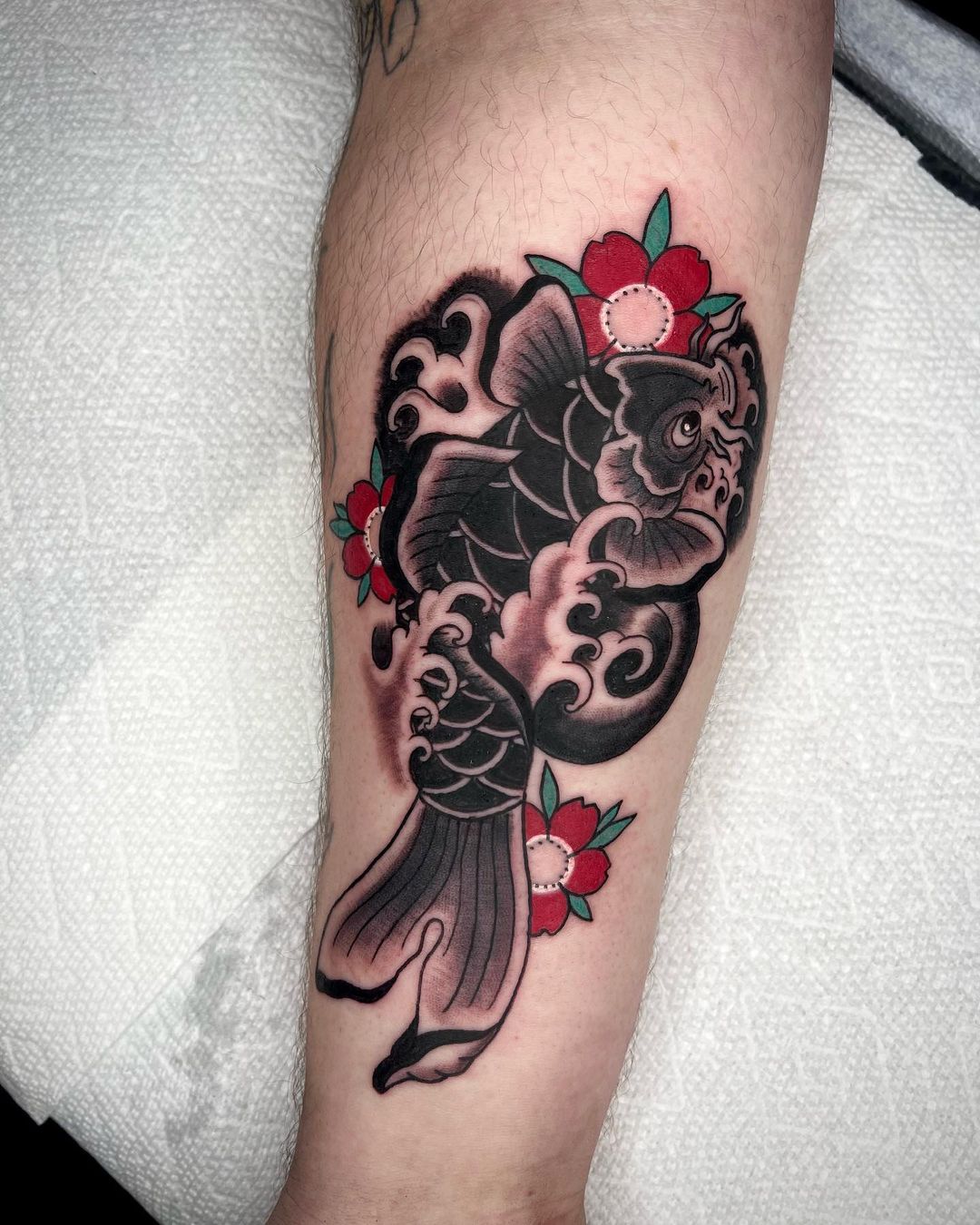 Koi Fish Leg Tattoo With Floral Accents