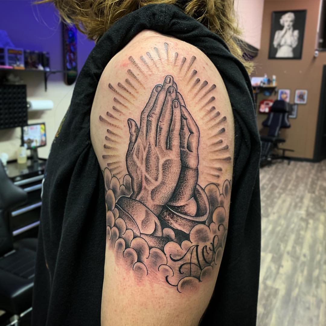 Prayer Hands Shoulder Tattoo