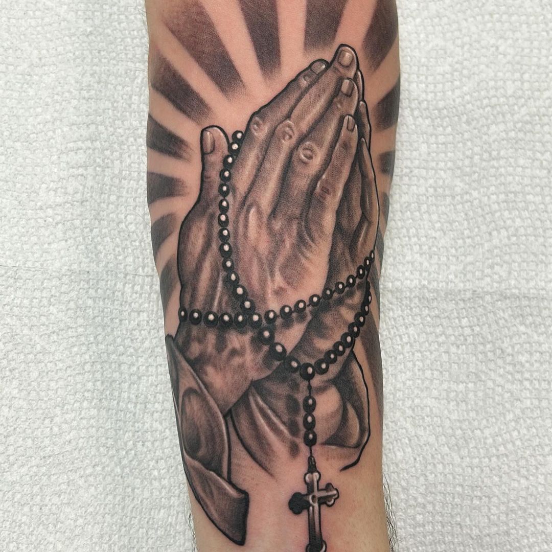 Rosary And Praying Hands Forearm Tattoo