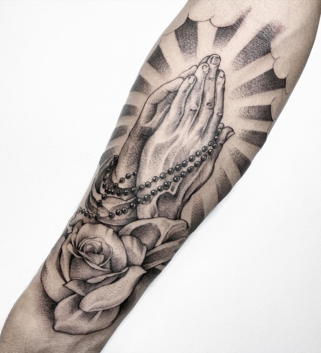 Rosary And Praying Hands Tattoo With Rose