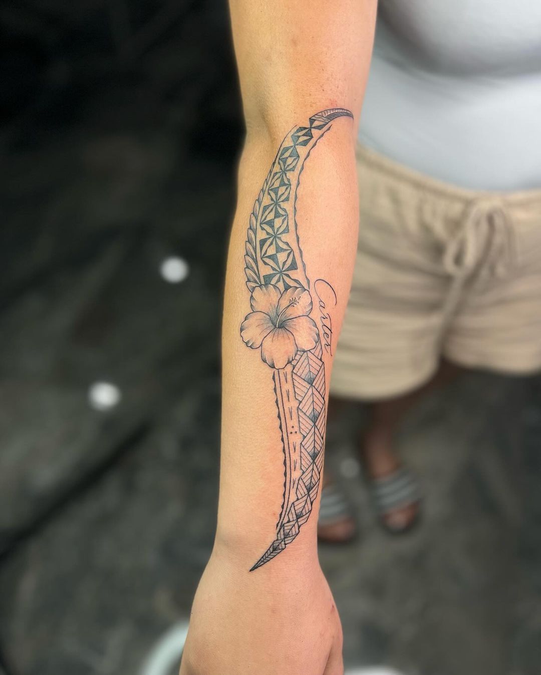 Samoan Forearm Tattoo With Floral Design