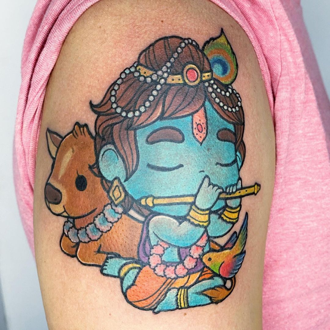 Shri Krishna Tattoo With Cow
