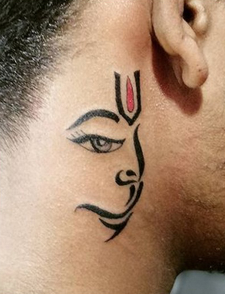 Simple Hanuman Face Tattoo On The Neck
