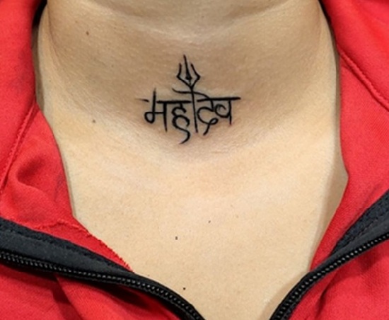 Small Trishul Tattoo On The Neck