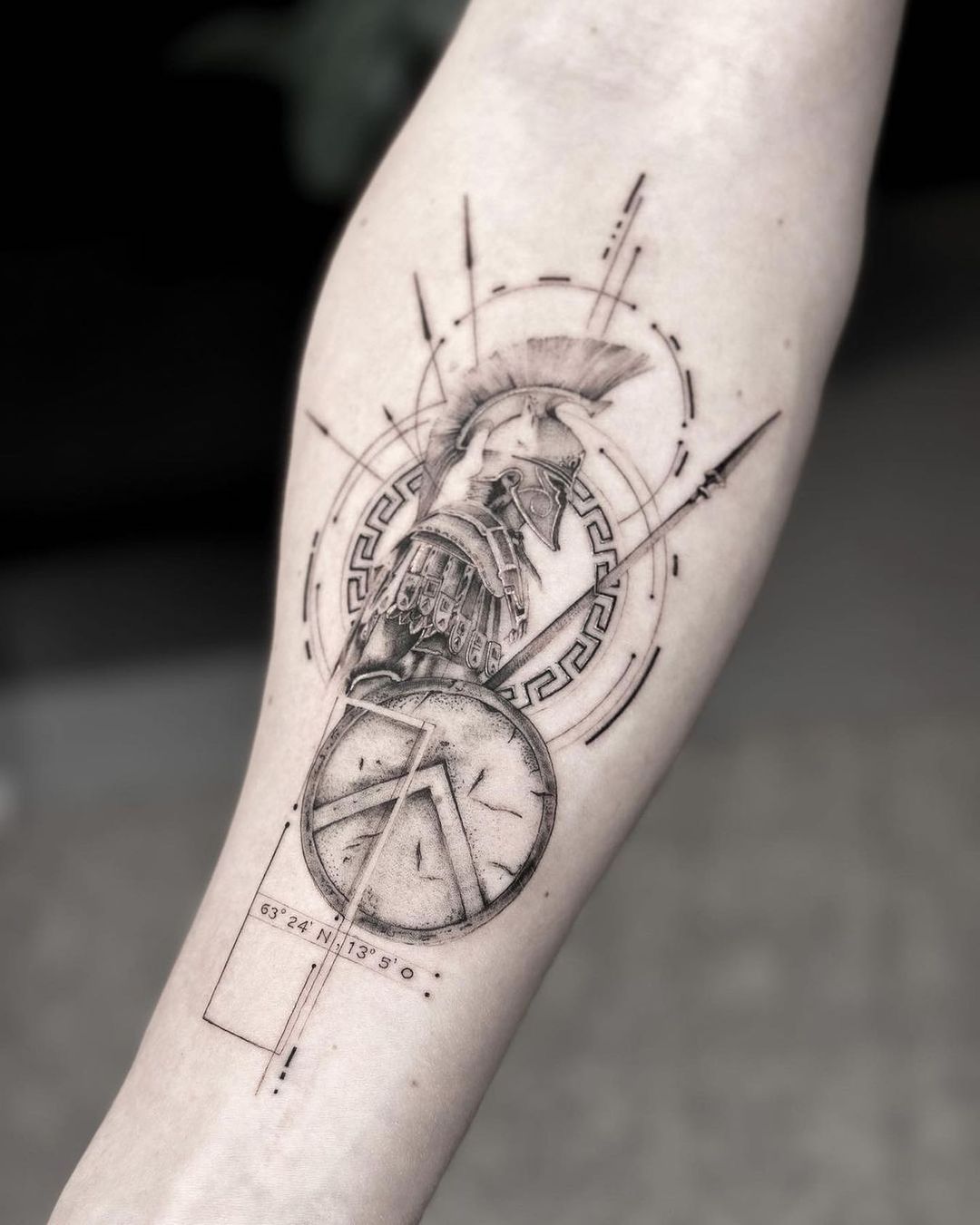 Spartan Warrior Tattoo With Geometric Patterns