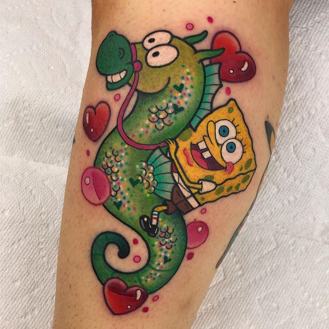 Sponge Bob Riding Seahorse Tattoo