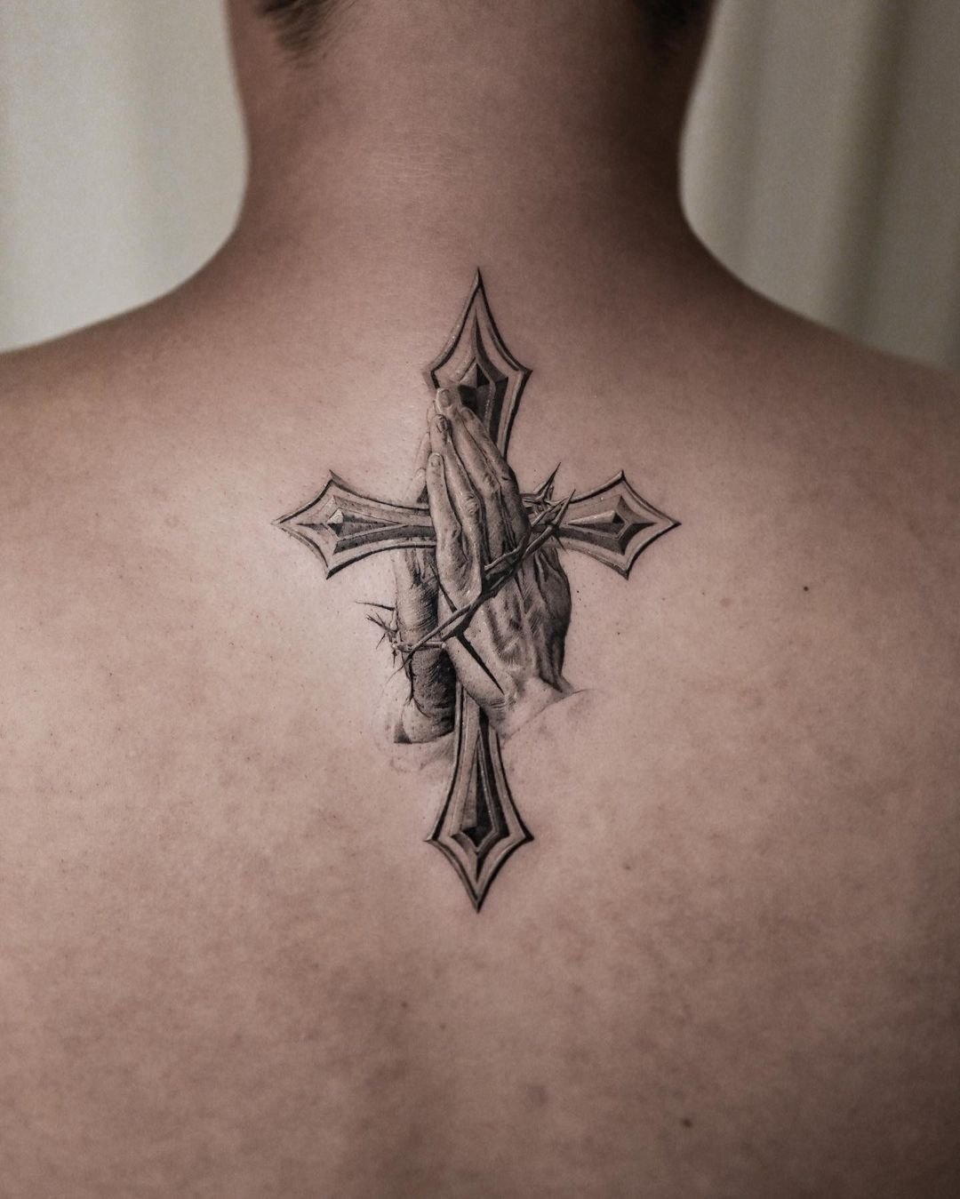 Thorn Cross And Praying Hands Tattoo