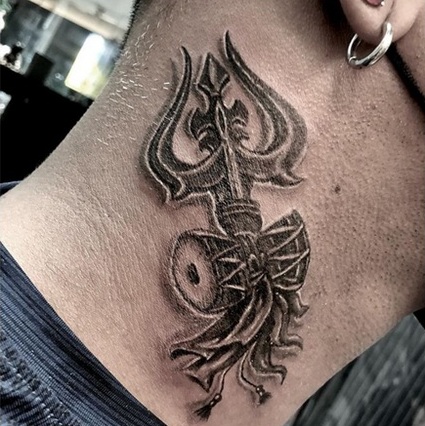 Trishul&damru Tattoo On Neck