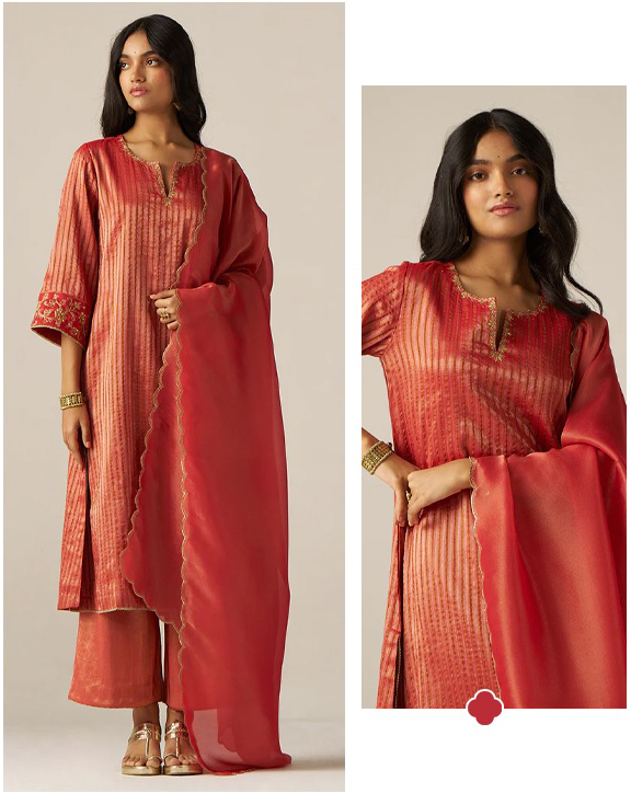 Aurora Red Woven Tissue Festive Kurta Set