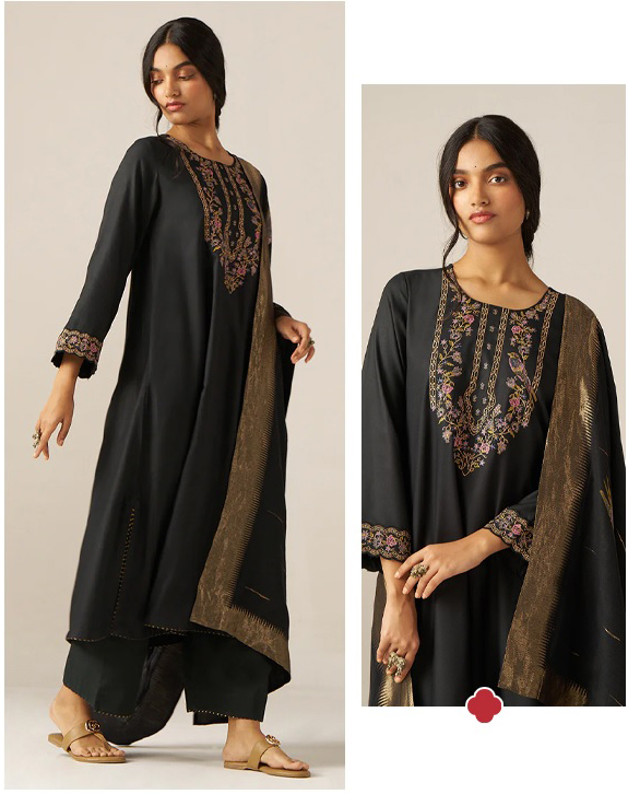 Black Pashmina Embroidered Kurta Set