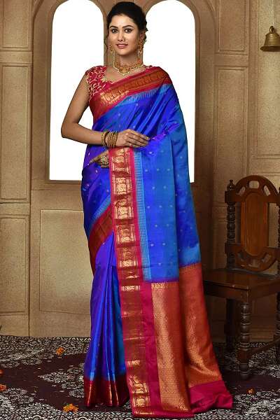 Blue And Red Gadwal Saree
