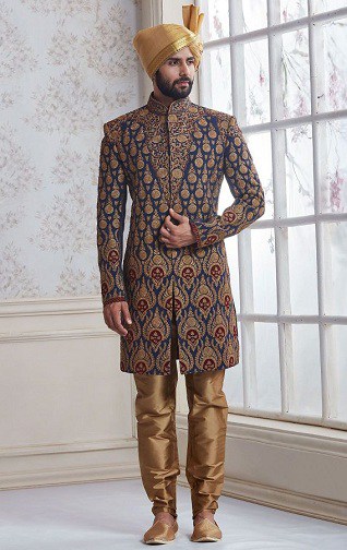 Blue Sherwani With Golden Work