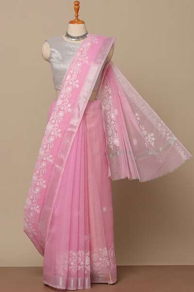 Embroidered Pink Kota Cotton Saree
