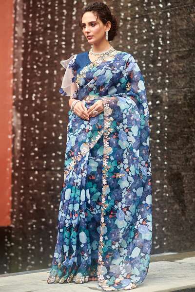 Floral Printed Indigo Saree