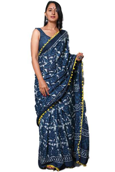 Indigo Mulmul Cotton Saree