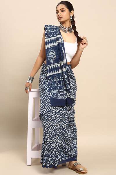 Indigo Saree With White Pattern