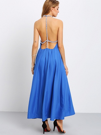 Long Open Back Pearl Neck Dress
