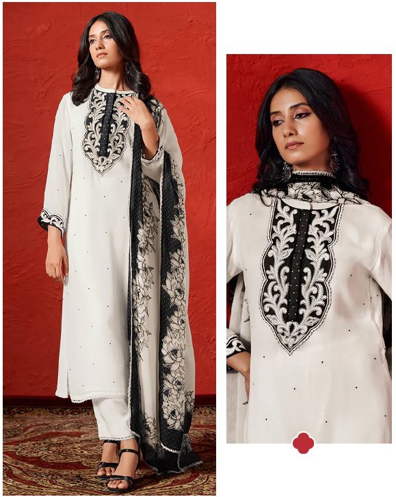 Marshmallow And Black Georgette Kurta Set