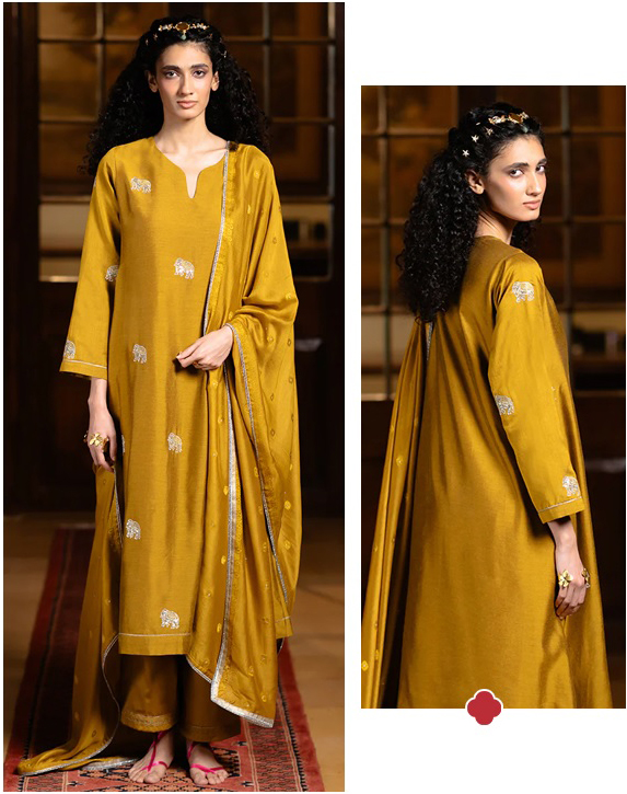 Mustard Silk Embroidered Festive Kurta Set