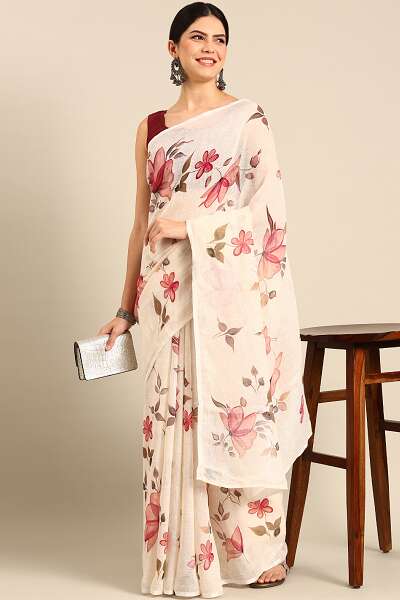Off White Floral Kota Saree