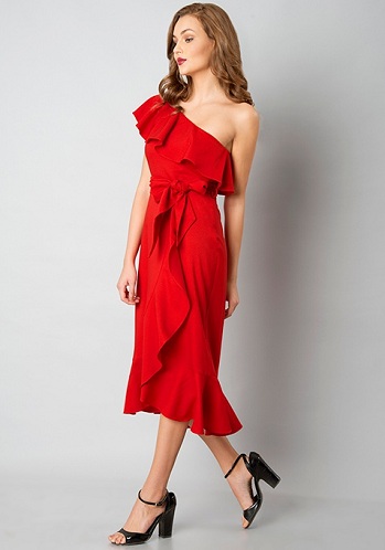 One Shoulder Ruffle Midi Dress