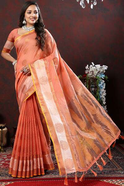 Pure Silk Peach And Gold Jamdani Saree