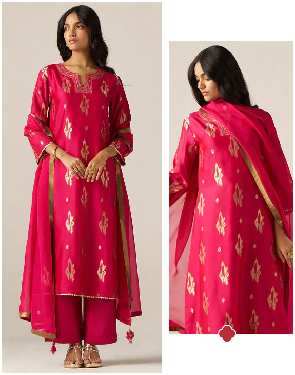 Rani Pink Zari Woven Festive Kurta Set