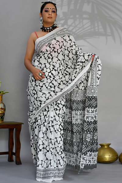 White Printed Handloom Cotton Saree