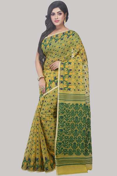 Yellow And Green Handloom Cotton Saree