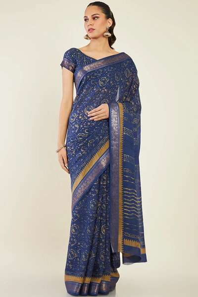 Zari Border Indigo Saree
