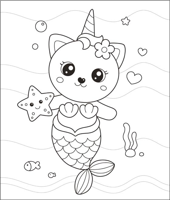 Mermaid Cat Coloring Page