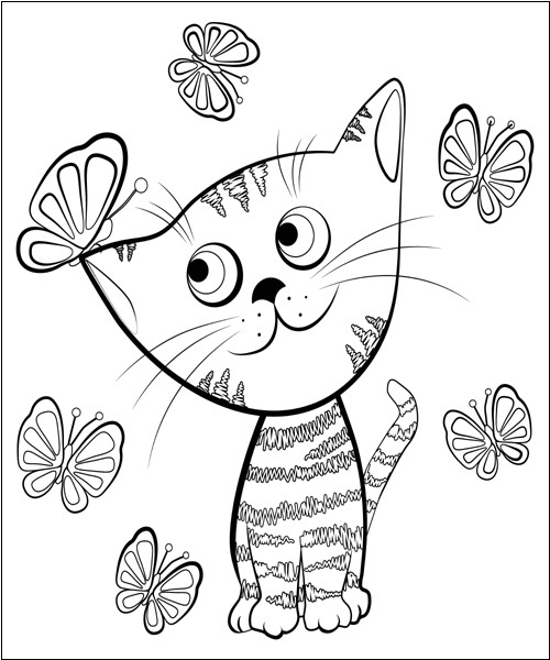 Kitten wit Butterfly Color Drawing 