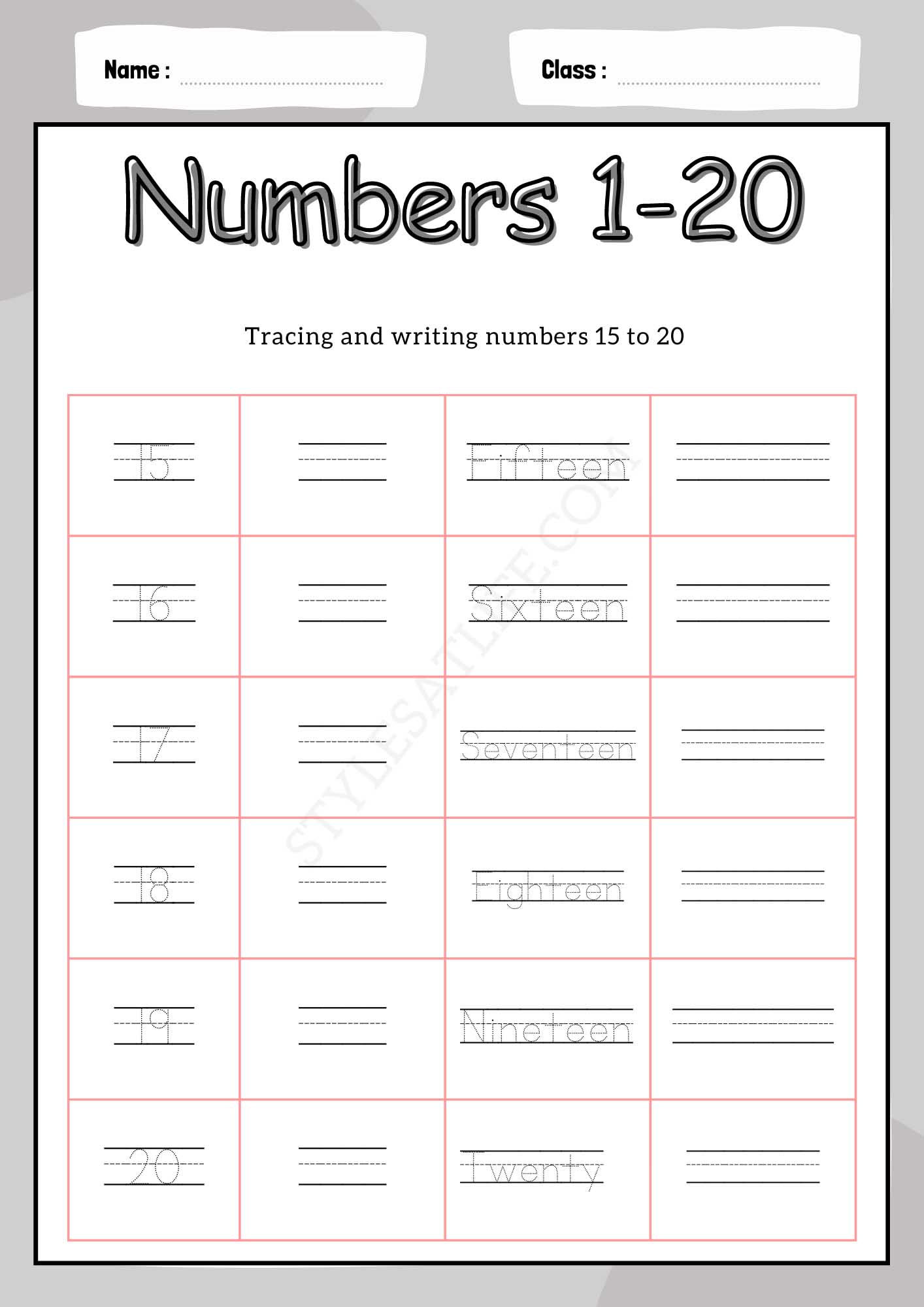 Number Trace 15 To 20