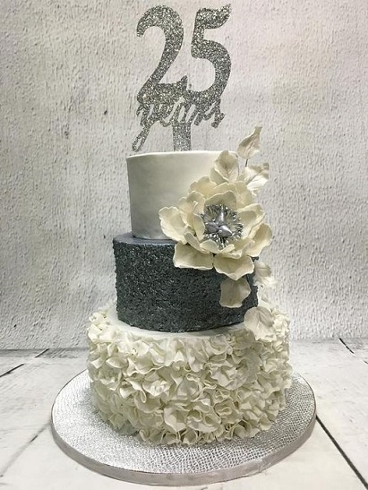 Classic White And Silver Anniversary Cake