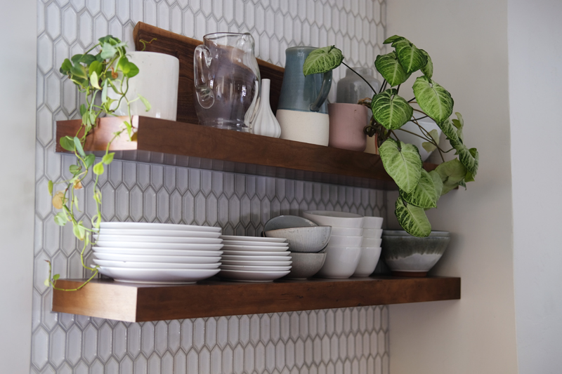 Dark Wooden Kitchen Shelf Storage Idea