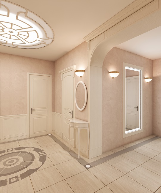 Decorative Bathroom Ceiling Design in a Soft Palette