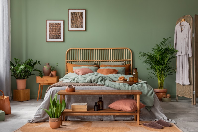 Stylish,bedroom,interior,design,with,mock,up,poster,frame,,bamboo