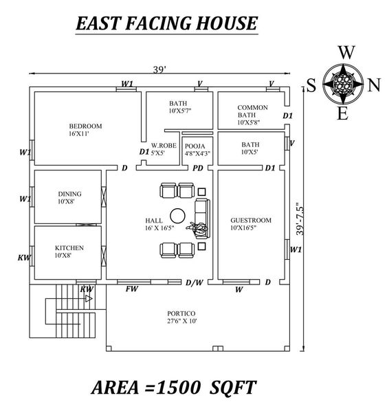 1500 Square Feet 2 BHK House Design