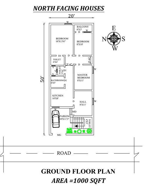 1000 Sqft 3 BHK House Plan with Car Parking