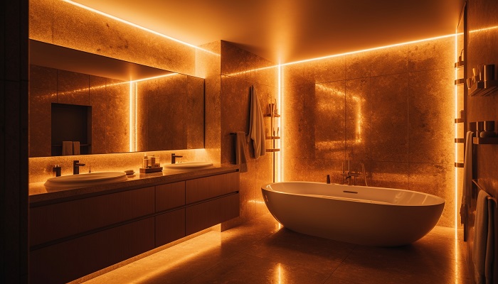 Warm Bathroom Ceiling with Dramatic Lighting