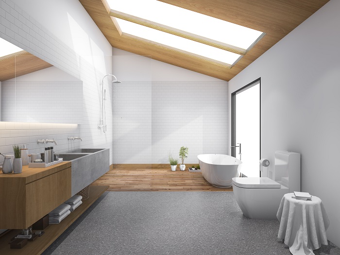 Naturally Lit Up High Ceiling Bathroom Design