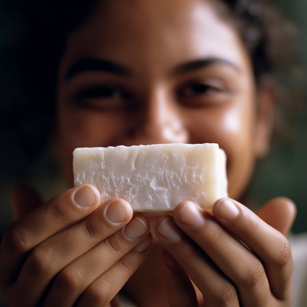 There Is A Woman Holding A Piece Of Soap In Her Hands. Generativ